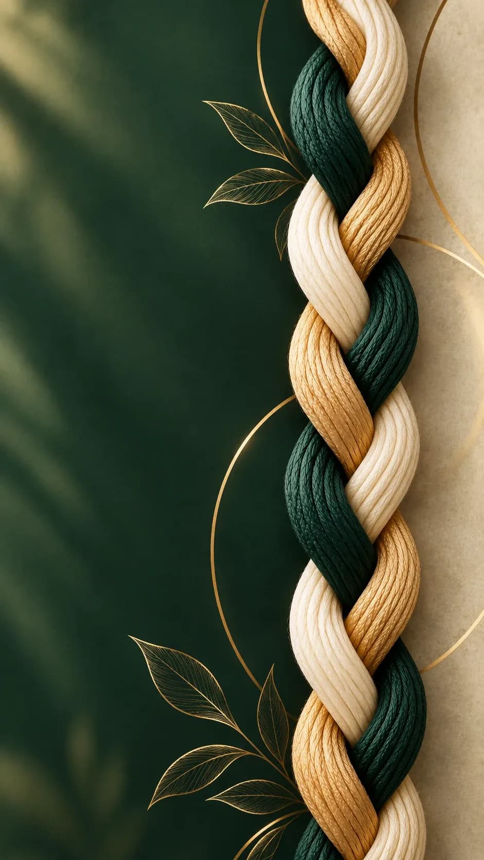 Three strands of green, gold and ivory cord braided together